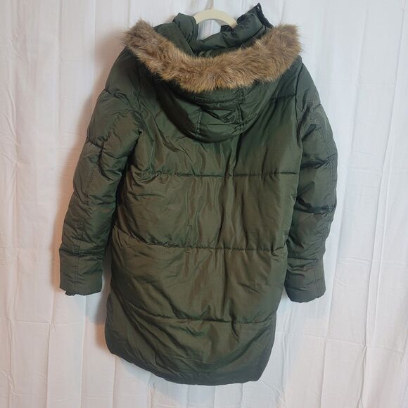 Old Navy Long Puffer Jacket Women's Size Large Green Faux Fur Trim Outdoor READ - Picture 2 of 13